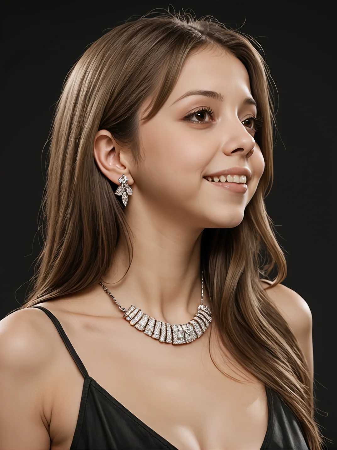 felicitysynthxl, solo, face focus, from the side, leaning over, long hair, simple background, brown hair, brown eyes, jewelry, parted lips, teeth, necklace, lips, black background, realistic