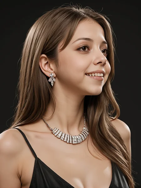 felicitysynthxl, solo, face focus, from the side, leaning over, long hair, simple background, brown hair, brown eyes, jewelry, parted lips, teeth, necklace, lips, black background, realistic