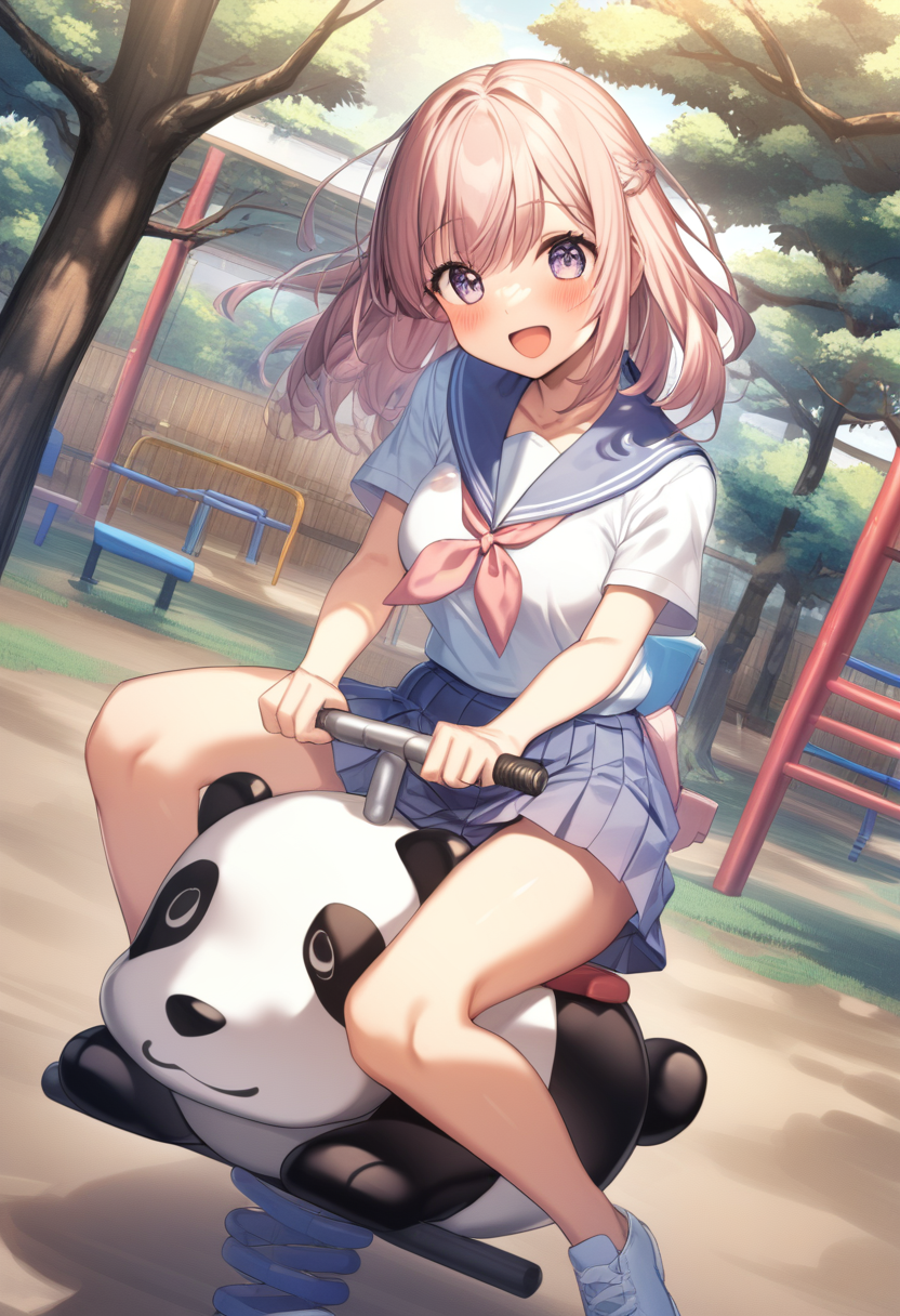 1girl, <lora:sdxl2-flat2-512b:-1>,medium breasts,school uniform,
<lora:springriderXLv1:0.9>,spring rider,panda,sitting, shoes, riding, outdoors, holding,playground,
dutch angle, wide shot, looking back, happy, open mouth,
best quality,medium quality,