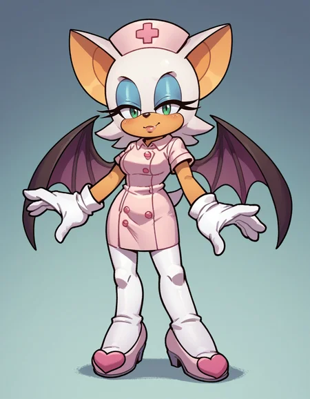 score_9, score_8_up, score_7_up, score_6_up, score_5_up, score_4_up, 1girl, full body, solo, sonic \(series\), animal nose,
<lora:EvanStan-18:0.8> evnstnly, furry, white gloves, nurse, nurse outfit, pink dress, white pantyhose, pink shoes, nurse cap, rouge the bat, white fur, makeup, medium breasts, blue eyeshadow, green eyes, bat wings, bat ears, child