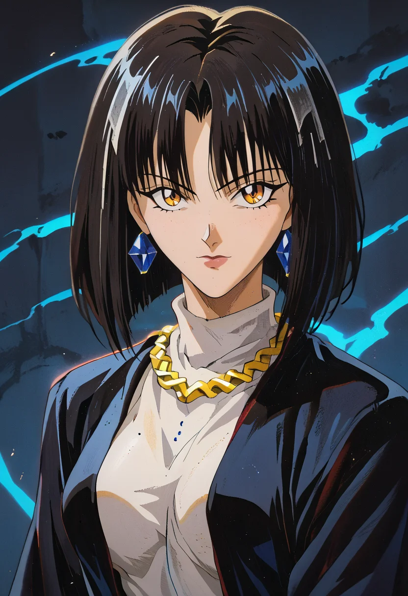 source_anime, (masterpiece), (best quality), score_9, score_8_up, score_7_up, (masterpiece:1.2), (best quality:1.3), 1girl <lora:Kagerou_Kagehoushi_Flame_of_Recca:0.8> kagerouk_for, jewelry, black hair, short hair, looking at viewer, portrait, retro, 1990s \(style\), masterful composition, dynamic movement, low-key lighting, lo-fi, glow, dynamic cinematic lighting, ray_tracing, global illumination <lora:Anime Style (Vauxz) PONY:0.8>