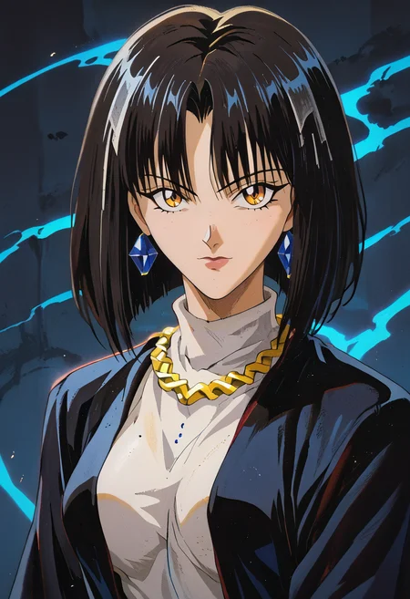 source_anime, (masterpiece), (best quality), score_9, score_8_up, score_7_up, (masterpiece:1.2), (best quality:1.3), 1girl <lora:Kagerou_Kagehoushi_Flame_of_Recca:0.8> kagerouk_for, jewelry, black hair, short hair, looking at viewer, portrait, retro, 1990s \(style\), masterful composition, dynamic movement, low-key lighting, lo-fi, glow, dynamic cinematic lighting, ray_tracing, global illumination <lora:Anime Style (Vauxz) PONY:0.8>