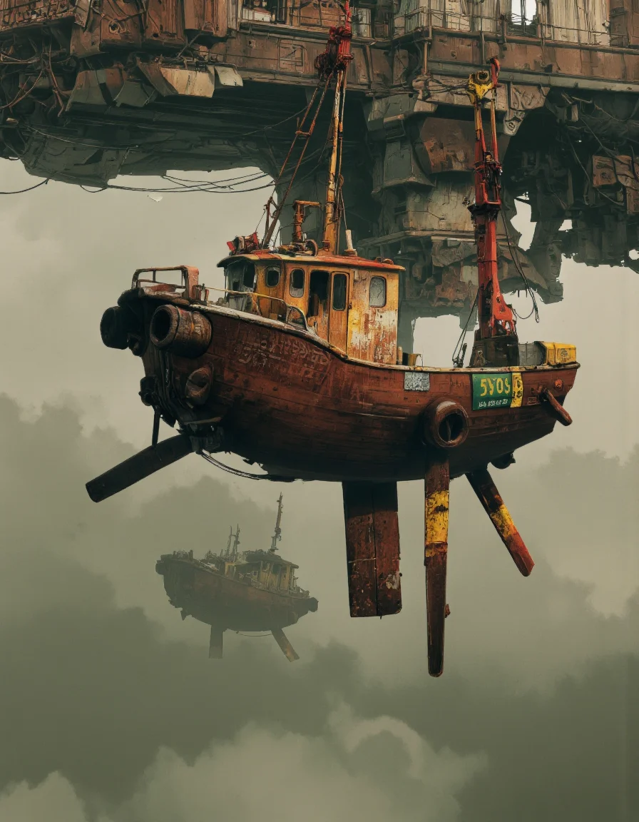 A digital illustration shoot from below about a futuristic, rusted ship suspended in mid-air, with a dramatic, industrial setting in the background. the image also shows a large, rusty ship with a red and yellow crane attached to it, suspended in the air by cables. on the left side of the image, the ship appears to be a small, rusty boat with a cockpit, and on the right side, the crane is lifting the ship from the ground. the ship has a green and yellow license plate with the number "5906" on it, and its body is rusted and weathered, with visible signs of wear and tear. the background features a foggy, misty atmosphere with industrial structures in the distance, adding to the overall industrial feel of the scene. the overall color palette is muted, with shades of green, brown, and gray, giving the image a sense of depth and texture.