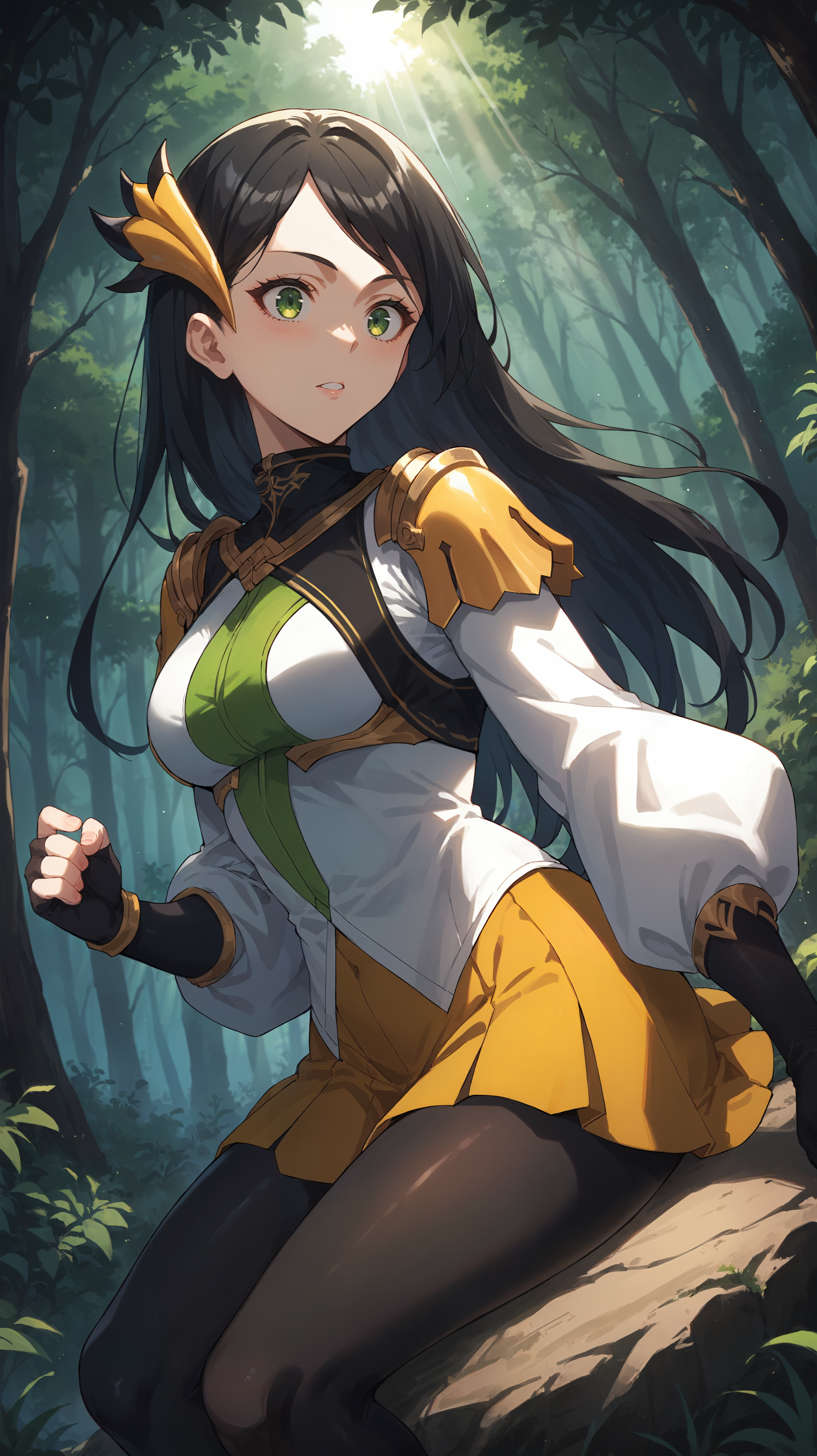 score_9,score_8_up,score_7_up,score_6_up, <lora:xl_more_art-full_v1:0.5>, source_anime, girl, dynamic pose, straddling, <lora:Heejin Park - Pony-000004:0.9>, long hair, black hair, green eyes, yellow hair ornament, yellow shoulder pads, white shirt, white top, black collar, multicolored shirt, white sleeves, puffy sleeves, yellow skirt, black gloves, long gloves, fingerless gloves, black leggings, forest, light rays,