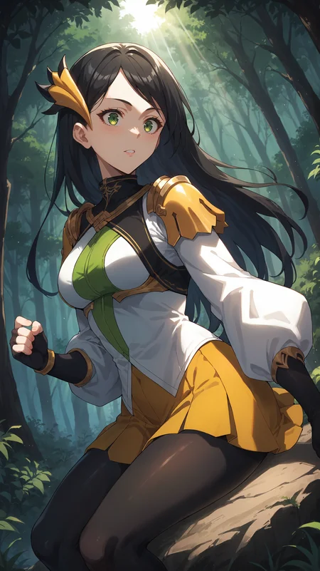 score_9,score_8_up,score_7_up,score_6_up, <lora:xl_more_art-full_v1:0.5>, source_anime, girl, dynamic pose, straddling, <lora:Heejin Park - Pony-000004:0.9>, long hair, black hair, green eyes, yellow hair ornament, yellow shoulder pads, white shirt, white top, black collar, multicolored shirt, white sleeves, puffy sleeves, yellow skirt, black gloves, long gloves, fingerless gloves, black leggings, forest, light rays,