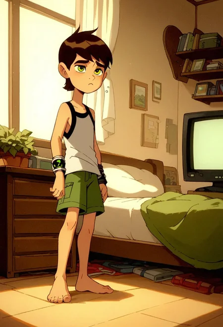score_9, score_8_up, score_7_up, score_6_up, score_5_up, score_4_up, cute boy , standing, ((solo)), brown hair, green eyes, bracelet, sleepy ,
wear pijamas, tiny shorts , Tank top shirt , bare foot , messy bedroom , tv , games , windows , sun.