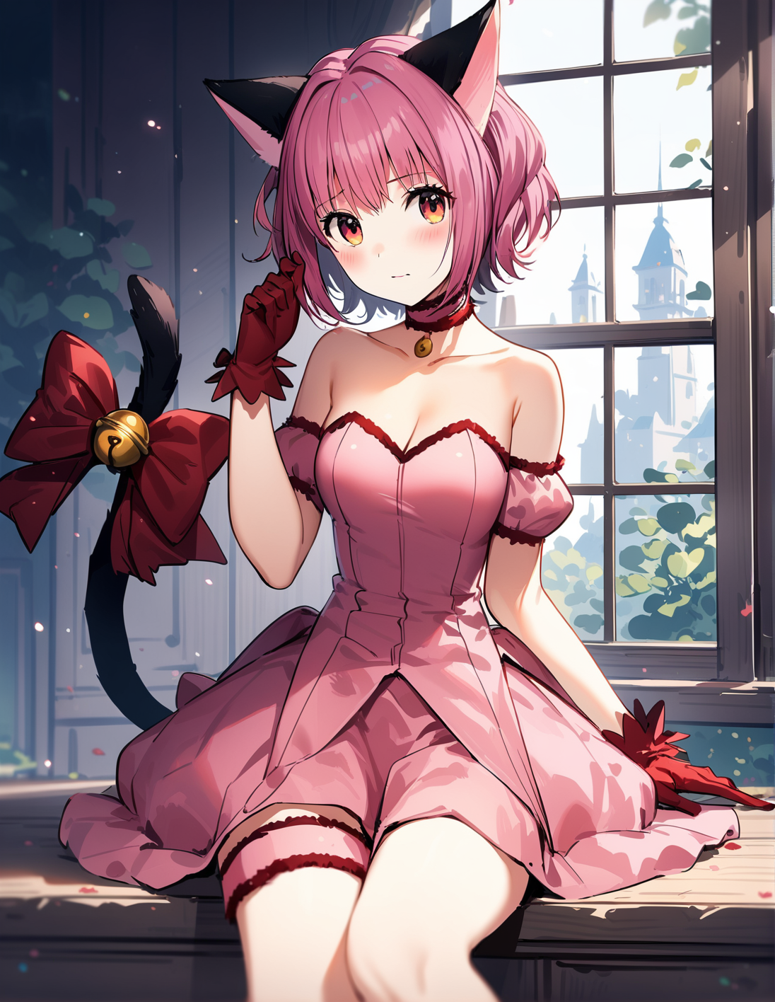 1girl, solo,  <lora:sdxl-lyco-mew_ichigo-original-animagine_xl_3_1-v2:1>, mew_ichigo, tail bow, gloves, cat tail, red gloves, tail bell, choker, detached sleeves,pink dress, strapless, sitting , ,shy, best quality,medium quality, very aesthetic, ultra-detailed, intricate details, 4k,, BREAK standing at a window