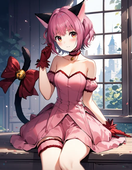 1girl, solo,  <lora:sdxl-lyco-mew_ichigo-original-animagine_xl_3_1-v2:1>, mew_ichigo, tail bow, gloves, cat tail, red gloves, tail bell, choker, detached sleeves,pink dress, strapless, sitting , ,shy, best quality,medium quality, very aesthetic, ultra-detailed, intricate details, 4k,, BREAK standing at a window
