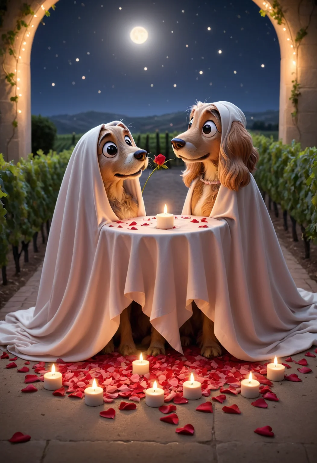 DonM5h3375XL valentines day, romantic, intimate, rose petals, the lady and the tramp, vineyard, tender embraces under the stars, led candles <lora:DonM5h3375XL:1>