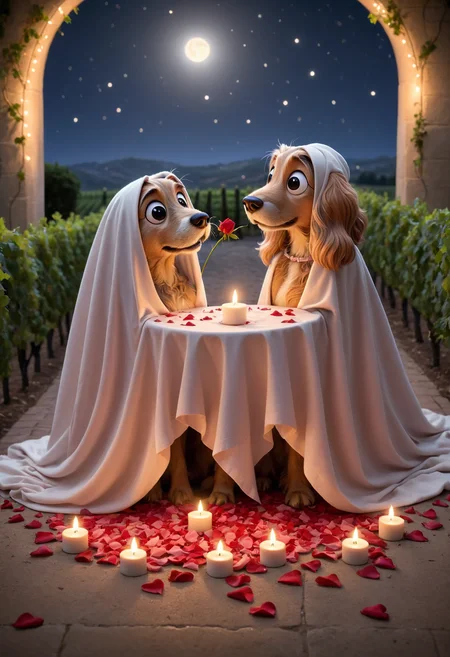 DonM5h3375XL valentines day, romantic, intimate, rose petals, the lady and the tramp, vineyard, tender embraces under the stars, led candles <lora:DonM5h3375XL:1>