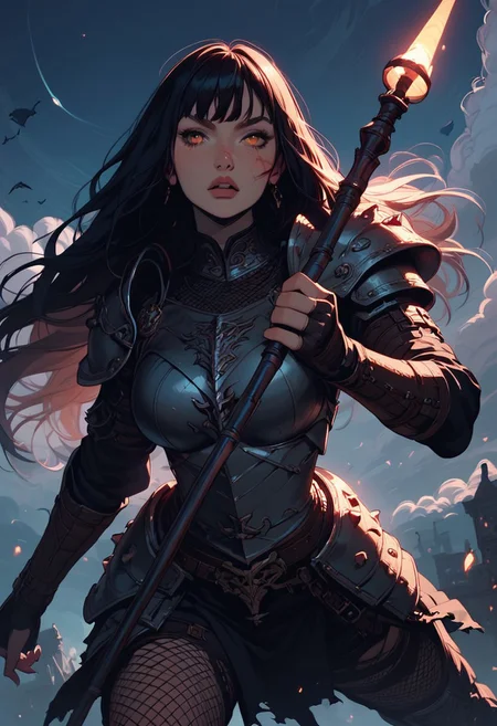 Score_9, Score8_up, Score_7_up, (((High Resolution, Best Quality))), 
1girl, beautiful, breasts, battle scarred, damaged armor, fishnets under armor, bangs, long hair, plated armour, holding staff, battle stance, dynamic angle, ancient fantasy city, battle-ready stance, dynamic pose, at night, moonlight, riding a nimbus cloud, nimbus, wukong theme, directional lighting, viewed from above,