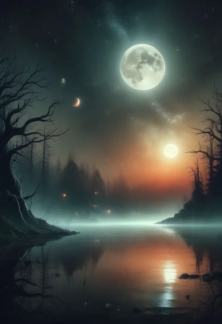gradient night, dark black moody, (jankyard:1.2), distant small moon, desolate lake, 8k, hdr, high contrast, black and orange