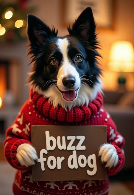 Female furry border collie wearing christmas sweater holding a sign that says "Buzz for dog", art style, christmas living room