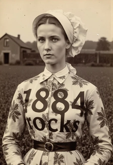 An aged worn sepia monochrome 1800s photograph, 1800's Amish farm background, A breathtaking 1984 fashion full-body photograph portrait, capturing a 1983 Vogue magazine fashion shoot featuring a beautiful model in 1984, wearing Amish bonnet, clothing by London designers PX, BodyMap, Peter Fox, large, tapestry-like floral print from Crolla with giant cabbage rose prints, modeled after old chintz drapery fabric and needlework, and oversized "message shirt" with large block lettering from Katharine Hamnet, text that says "1884 rocks".