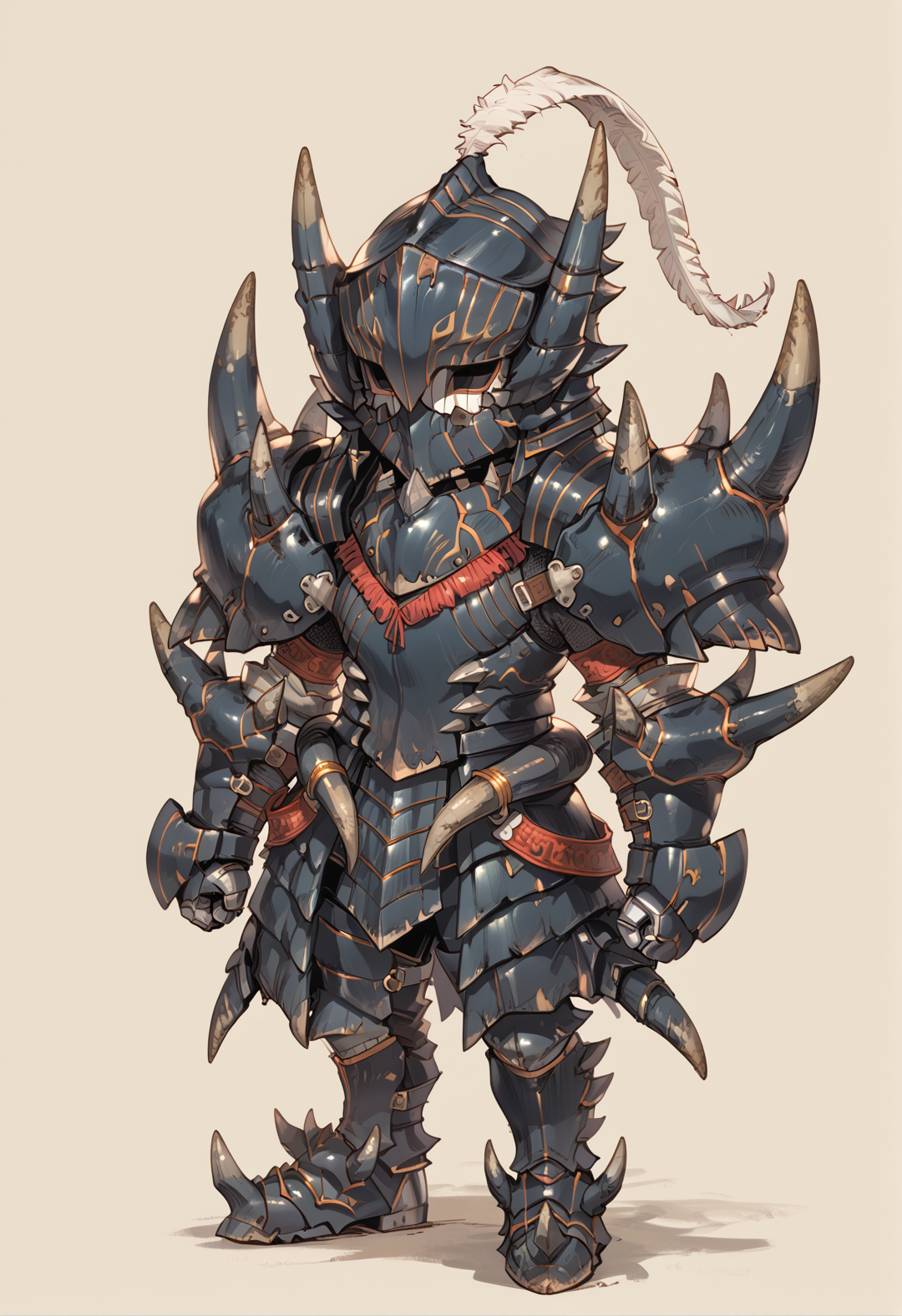 (score_9:0.9),score_8_up,score_7_up,rating_safe,anime style,(zPDXL),<lora:Akantor armor - male ponyXL v1:0.8>, chibi, akantor armor, solo, full armor, full body, black helmet, 1boy, black armor boots, black armor skirt, black gauntlets, black shoulder armor, white feather, covered face