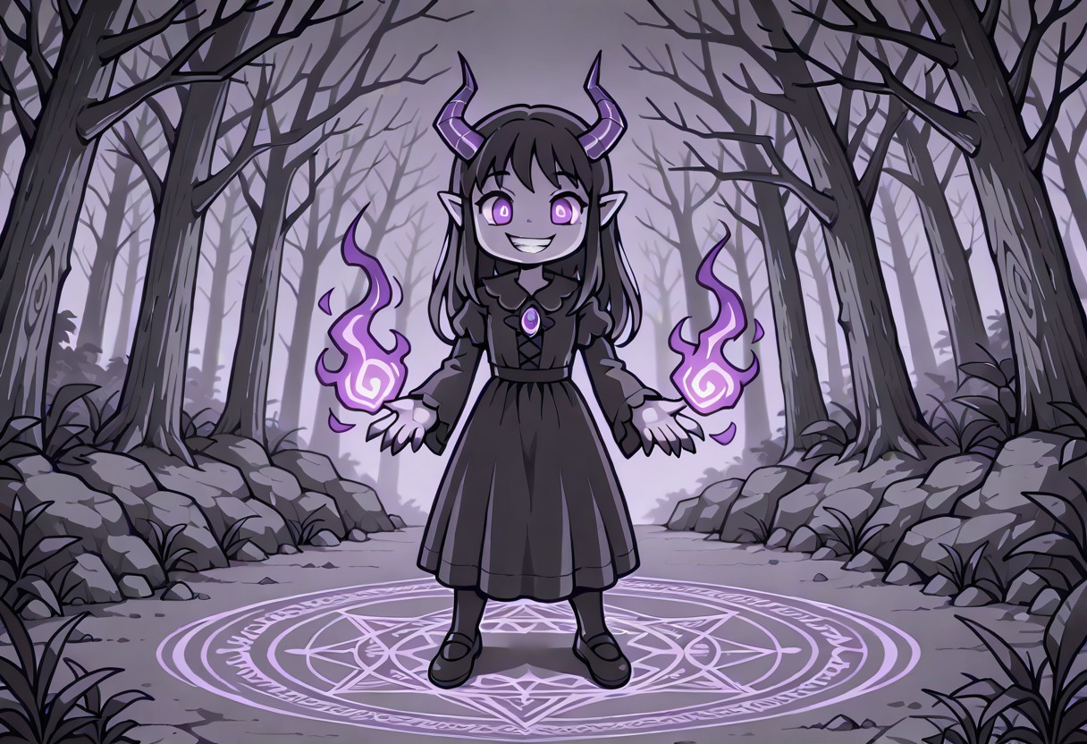 lazypos, character focused, child demon girl, jagged purple horns, glowing violet eyes, eerie smile, unsettling grin, long black dress, dripping magical claws, dark misty forest, shadowy tree silhouettes, glowing runes circle, writhing shadow tendrils, grayscale color palette, purple magic accents, gothic horror atmosphere, creepy anime style, low fog ground, cursed forest floor, haunting composition, ominous lighting, supernatural presence, lastostyle
