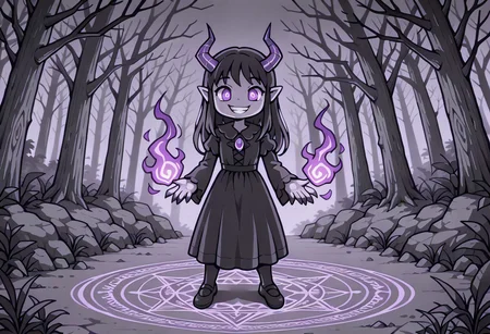 lazypos, character focused, child demon girl, jagged purple horns, glowing violet eyes, eerie smile, unsettling grin, long black dress, dripping magical claws, dark misty forest, shadowy tree silhouettes, glowing runes circle, writhing shadow tendrils, grayscale color palette, purple magic accents, gothic horror atmosphere, creepy anime style, low fog ground, cursed forest floor, haunting composition, ominous lighting, supernatural presence, lastostyle