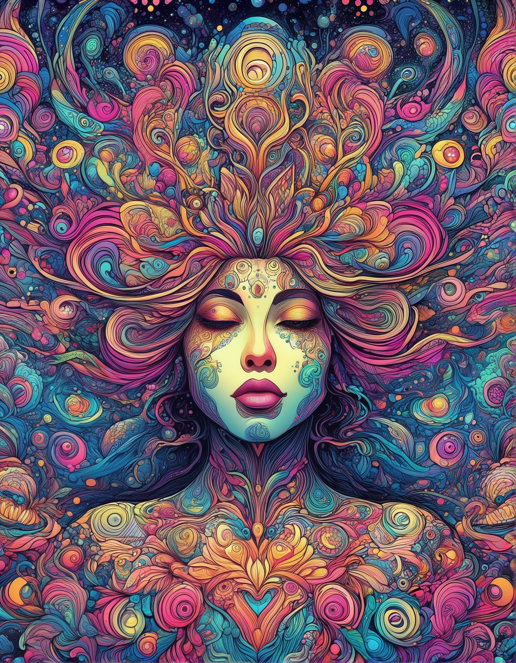 trippy artwork, illustration, flat colors, bold lines, abstract, vibrant, angled side view, 1girl, looking at viewer, beautiful face, messy hair, large colorful eyes, covered in colorful tattoos, perfect body, large breasts, large nipples, nude, dynamic position, floating in outer space, nebulae, alien vegetation, mandala blossoms, entangled in vines, stars, high contrasts
