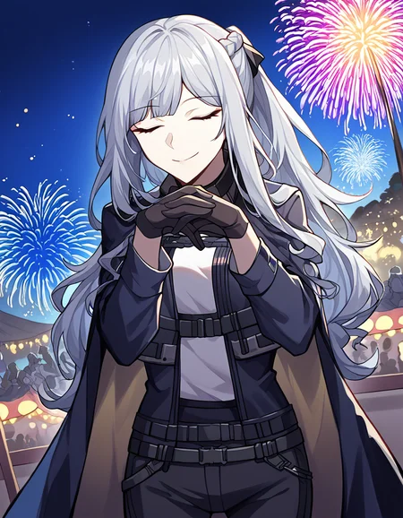 score_9, score_8_up, score_7_up, source_anime, <lora:girlsfrontline-ak-12-ponyxl-lora-nochekaiser:1>, ak-12, ak-12 (girl's frontline), closed eyes, grey hair, long hair, bangs, pale skin, straight hair, curly hair, braid, french braid, sidelocks,, belt, black gloves, black jacket, black pants, collar, gloves, jacket, jacket on shoulders, long sleeves, open clothes, open jacket, pants, underbust,, festival, fireworks, summer night, food stall, traditional, arms up,, smile, <lora:gendou-pose-ponyxl-lora-nochekaiser:1>, gendou pose, own hands clasped, own hands together, parody,, looking at viewer, solo,, dutch angle, cowboy shot