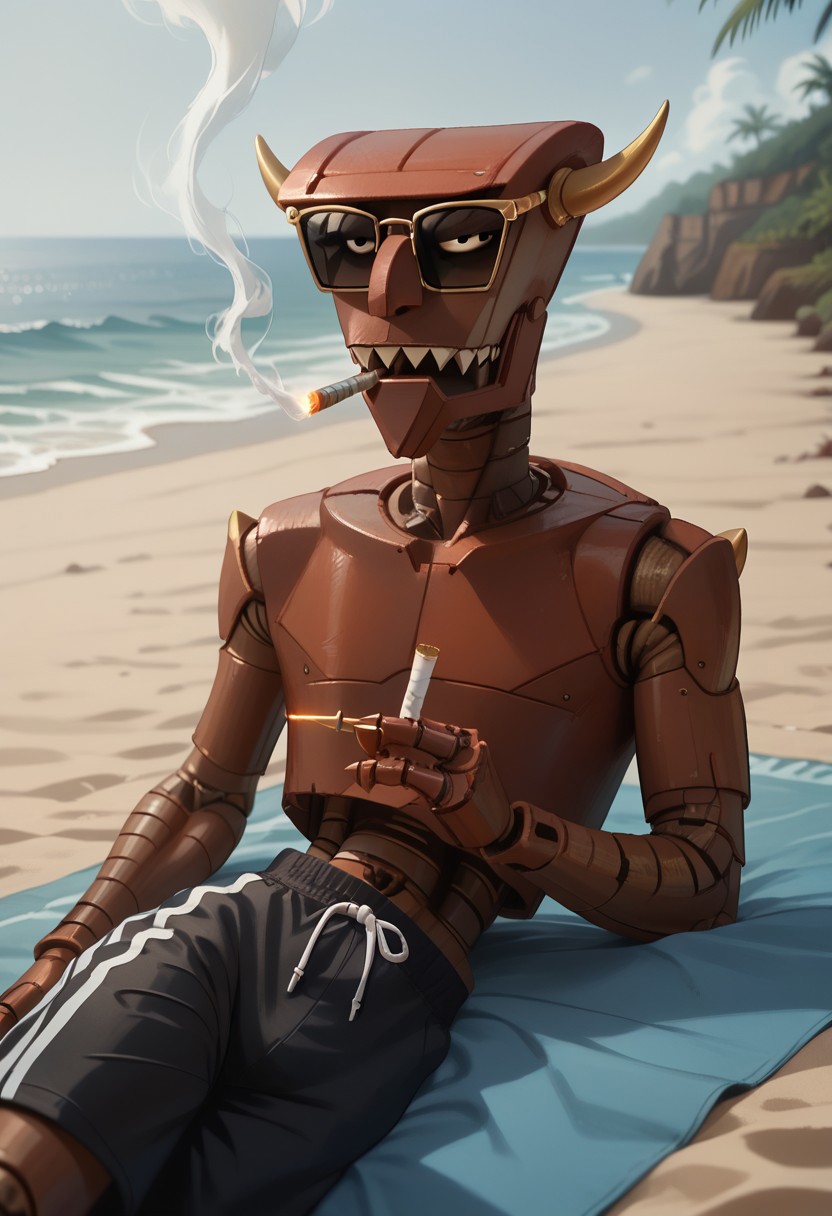 core_9, score_8_up, score_7_up, score_6_up, score_5_up, score_4_up, b33lz3b0t, robot, solo, beach, lying on side, seductive look, swim trunks, sunglasses, smoking