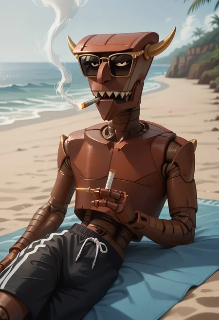 core_9, score_8_up, score_7_up, score_6_up, score_5_up, score_4_up, b33lz3b0t, robot, solo, beach, lying on side, seductive look, swim trunks, sunglasses, smoking