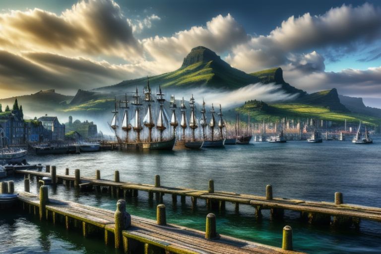 (masterpiece:1.2), (best quality,:1.2), 8k, HDR, ultra detailed, ((photorealistic)), perfect anatomy, pire, ship, pier, over looking a harbor, noon, CelticLandStyle