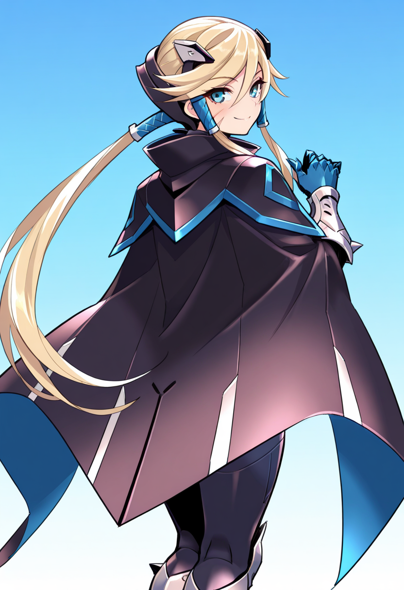 masterpiece, best quality,  <lora:blade:1>, g.v.blade, blue eyes, headgear, scar on face, bangs, cape, gauntlets, armor, armored boots, smile, upper body, looking back, from behind