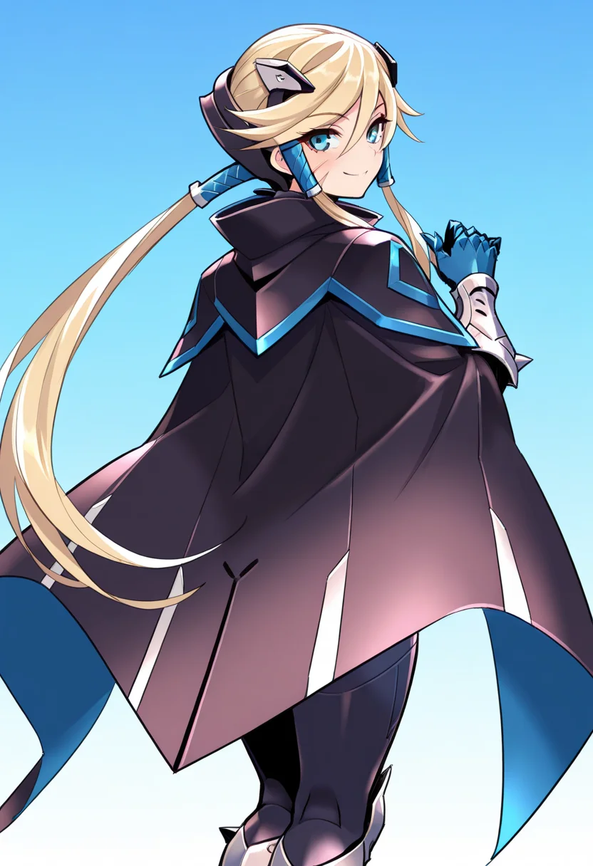masterpiece, best quality, <lora:blade:1>, g.v.blade, blue eyes, headgear, scar on face, bangs, cape, gauntlets, armor, armored boots, smile, upper body, looking back, from behind