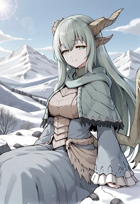 masterpiece,best quality,score_9, score_8_up, score_7_up, score_6_up,source_anime,<lora:PAARTHURNAX:0.9>, PAARTHURNAX,(gentle smile,half closed eyes,looking at viewer),(dragon horns, broken horn, dragon girl, dragon wings, very long hair, green hair, hair between eyes, green eyes,big breasts,
capelet, dress),(upper body,from below,close to viewer),(sitting on rock),(deep shadows),(clear blue sky without a cloud in the sky,blue sky,clear sky,snow mountain,snow field,lens flare,snow on rock,light blue theme,cool lighting)