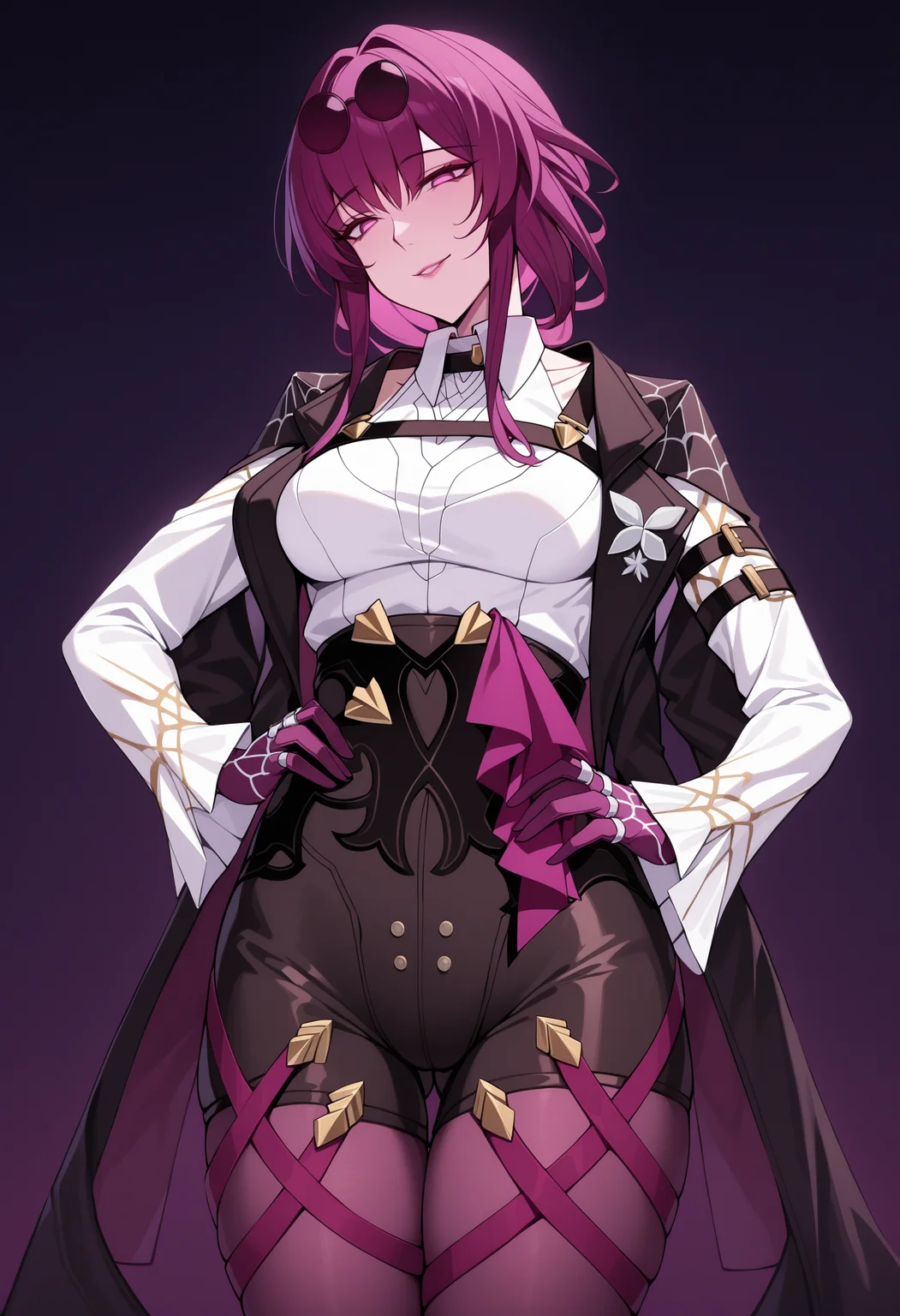 1girl, kafka, purple eyes, bangs, eyewear on head, collared white shirt, long sleeves, jacket on shoulders, black jacket, black shorts, gloves, purple gloves, pantyhose under shorts, criss-cross straps, thigh strap, purple pantyhose, cowboy shot, hand on hip, seductive smile, masterpiece, best quality <lora:KafkaV2_Animagine-000009:1>