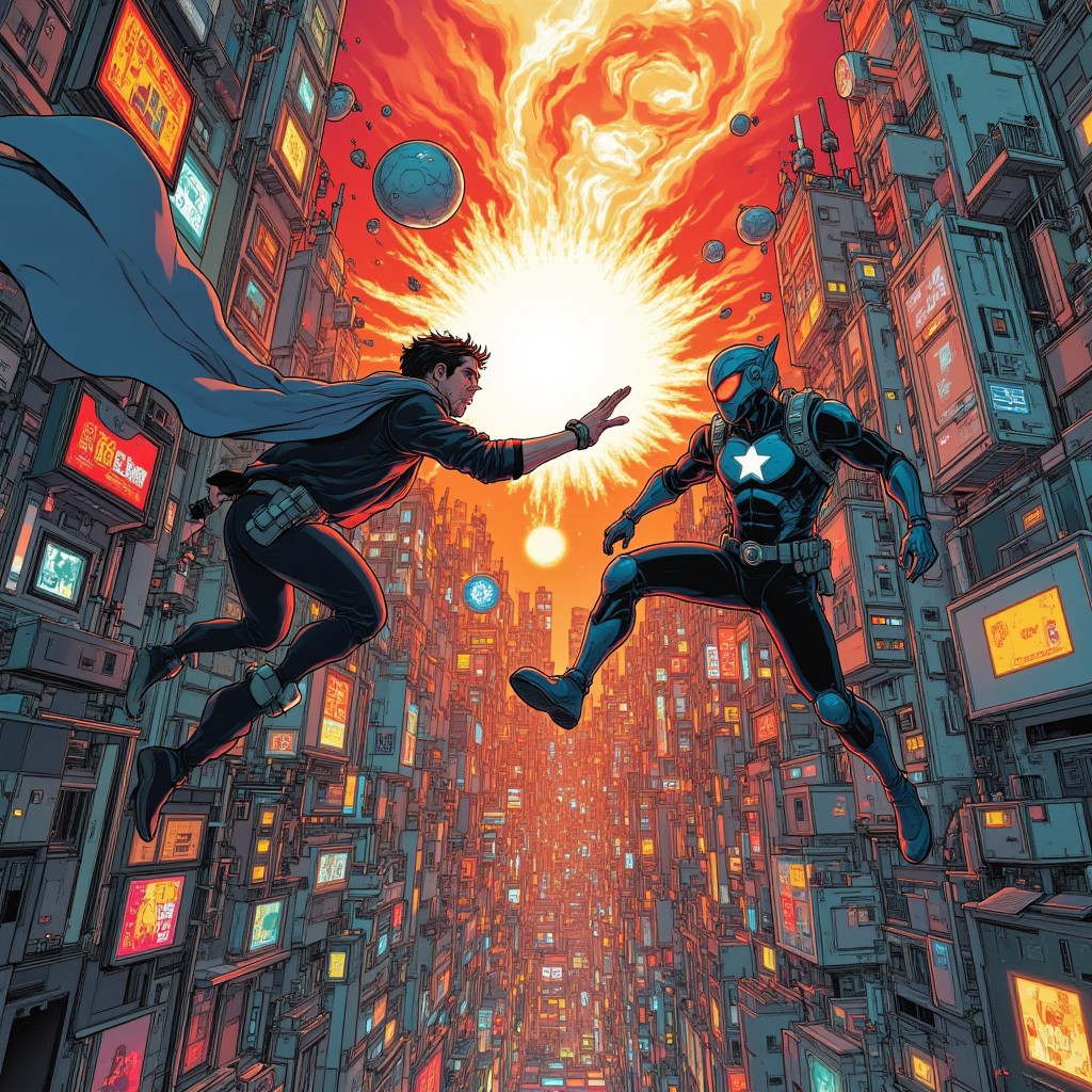 ff-enhance, ff-comic, A superhero is fighting his supervising nemesis. The battle takes place far above a futuristic city. It is a city that has withstood the ravages of time. Ephemeral and haunting, chaotic but peaceful. The city represents an ideal. Darker grittier outlines.
