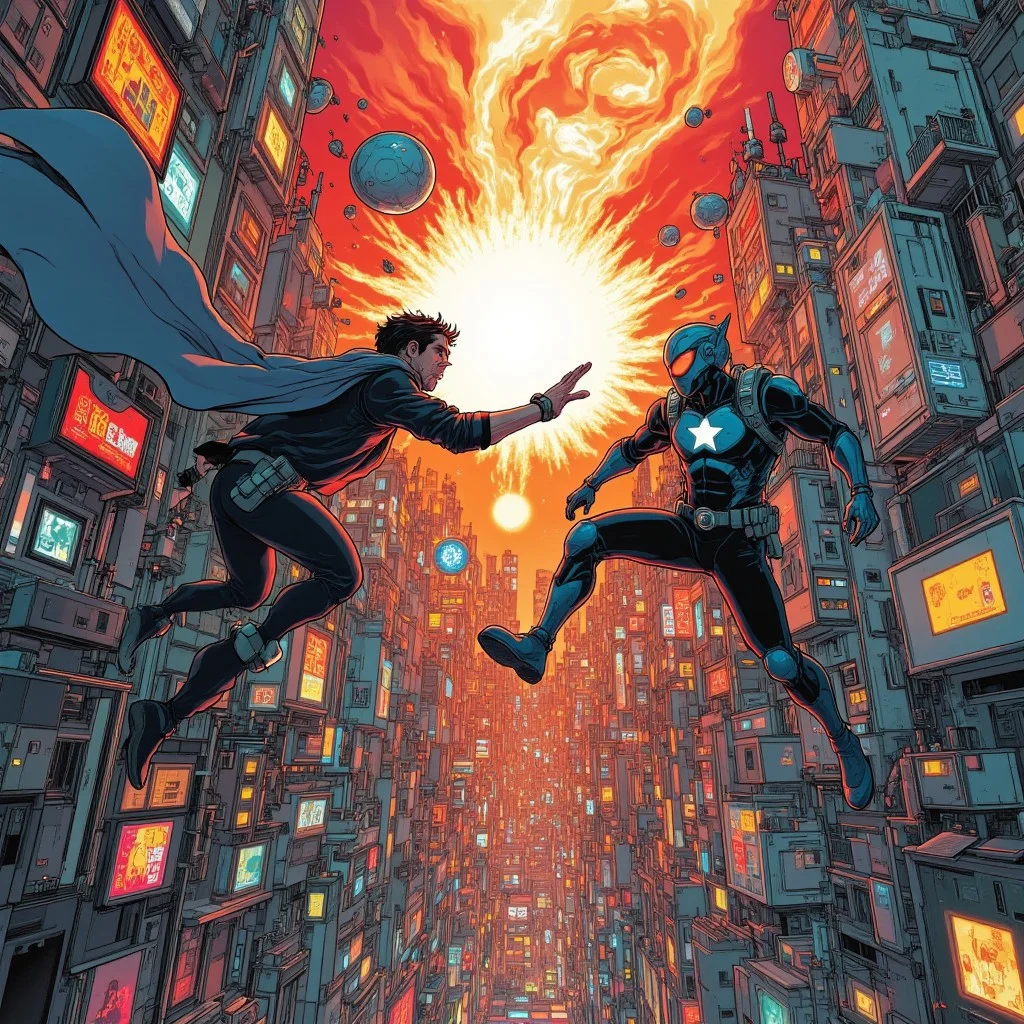 ff-enhance, ff-comic, A superhero is fighting his supervising nemesis. The battle takes place far above a futuristic city. It is a city that has withstood the ravages of time. Ephemeral and haunting, chaotic but peaceful. The city represents an ideal. Darker grittier outlines.
