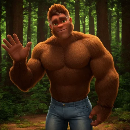 bigfoot, hairy, tall, muscular, bara, green eyes, wearing jeans, in a forest, brown fur, solo, alone, waving to viewer