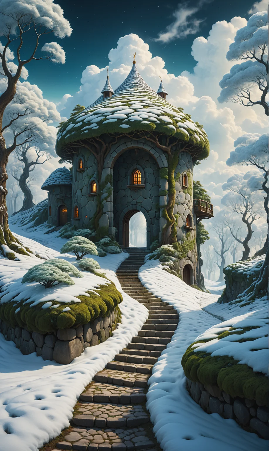 Snowy landscape meandering through a surreal forest, clouds heavy above, stone path leading to an enigmatic stable encased by fantasycore elements, styled in the essence of Jacek Yerka, trees bending in impossible angles, natural light casting ethereal glows over the scene, octane rendering, ultra fine, high dynamic range.<lora:xl_more_art-full_v1:0.3>