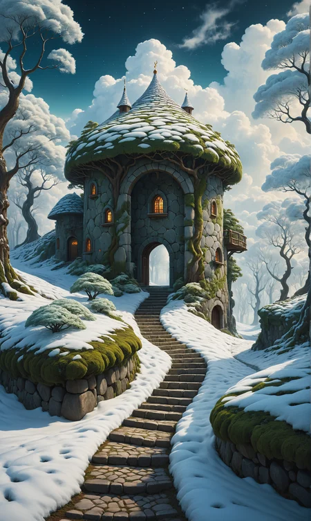 Snowy landscape meandering through a surreal forest, clouds heavy above, stone path leading to an enigmatic stable encased by fantasycore elements, styled in the essence of Jacek Yerka, trees bending in impossible angles, natural light casting ethereal glows over the scene, octane rendering, ultra fine, high dynamic range.<lora:xl_more_art-full_v1:0.3>