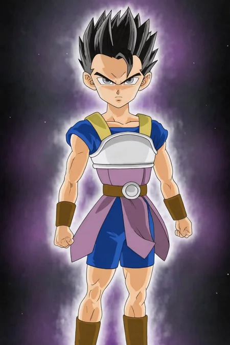source_anime, score_9, official style, anime screencap,
cabba, ultra instinct, white highlights, constricted pupils, solo, black hair, 1boy, male focus, grey eyes, muscular, frown, spiked hair, black background, clenched hands, serious, aura, saiyan armor, socks, brown legwear, arms by side, blue shirt, blue shorts, brown armwear, bracer, brown belt, collarbone, official style, purple tunic, floating clothes, fingernails, v-shaped eyebrows, v-shaped eyes, short sleeves, toned
<lora:cabba_pony_v1:0.8>
