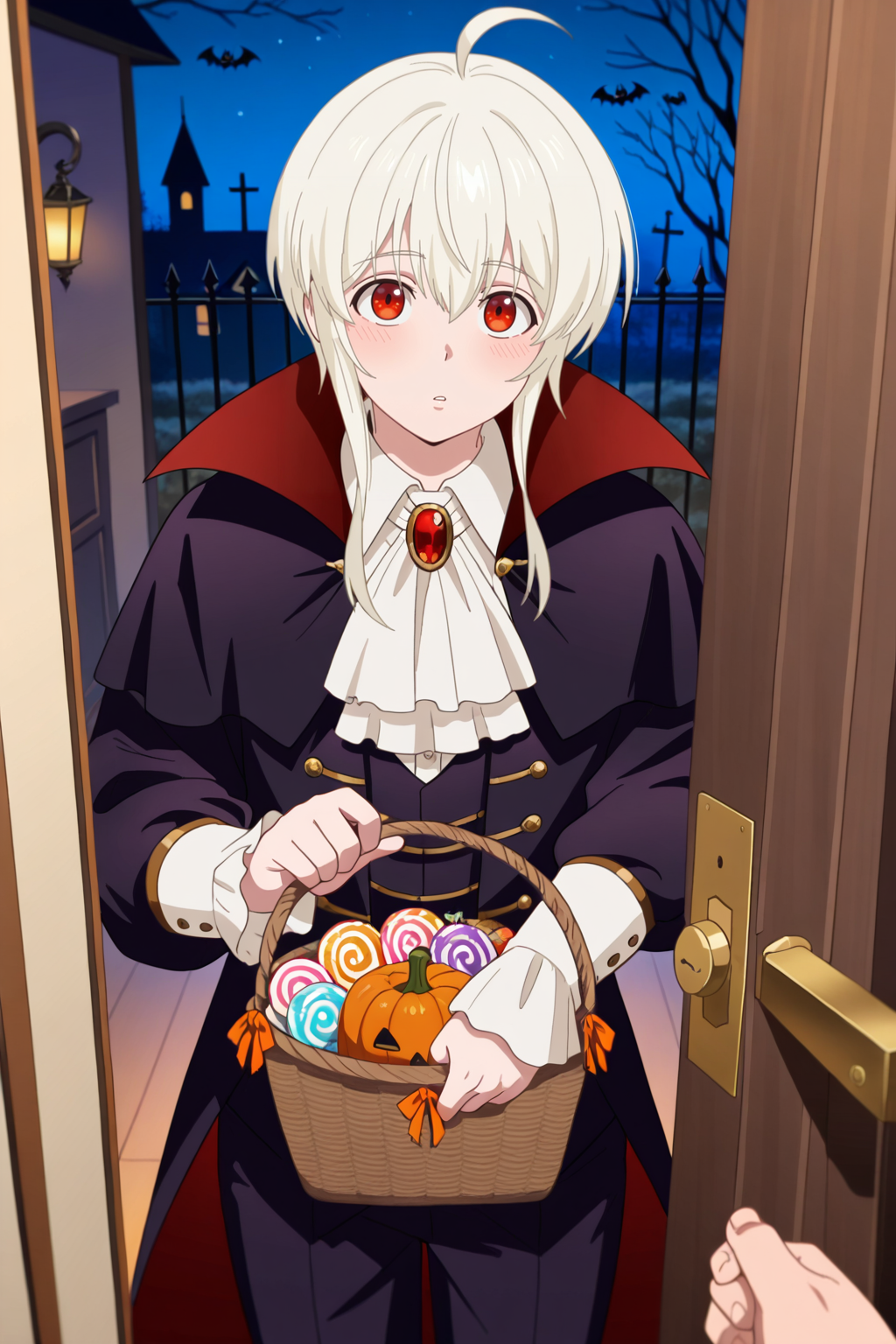 <lora:RIDKEW-IL:0.9>, evelogia, white hair, red eyes, ahoge,1boy,solo,looking at viewer,halloween,cosplay,vampire,holding basket,pov,outside the door,bara,male focus,very awa,masterpiece,best quality,amazing quality,nsfw,uncersored,highres,best quality,amazing quality,best aesthetic,absurdres,