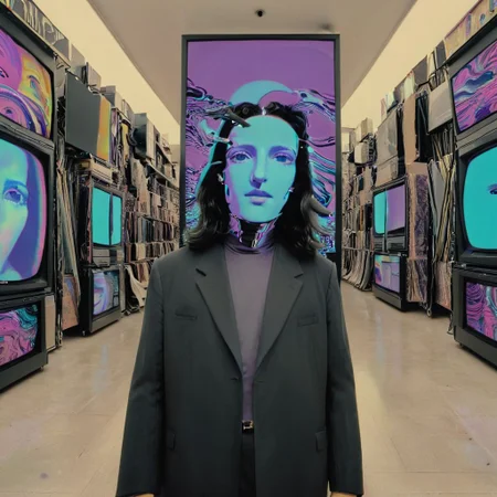 The Mona Lisa, displayed in the warped timelines of an enigmatic glitch spectre as he walks in paranoia through the busy streets of Tel Aviv