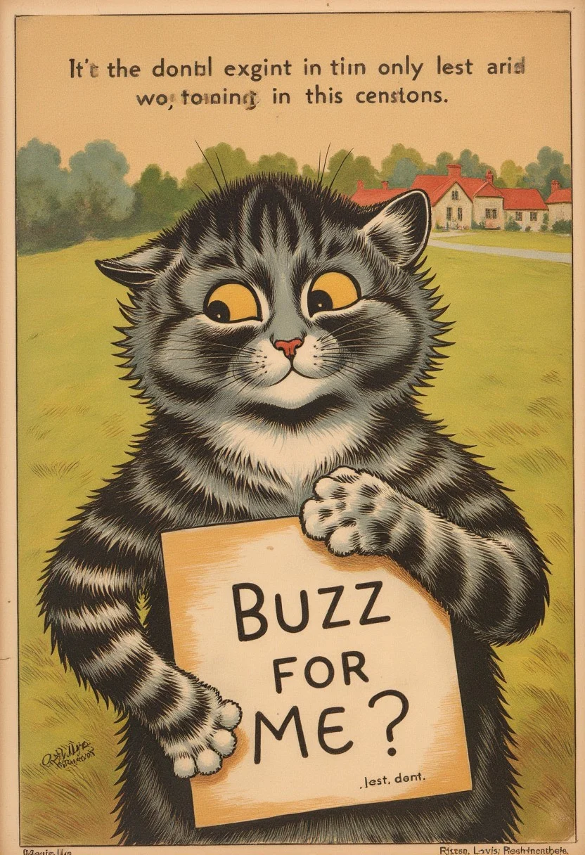 A cat holding a sign saying "Buzz for me?"