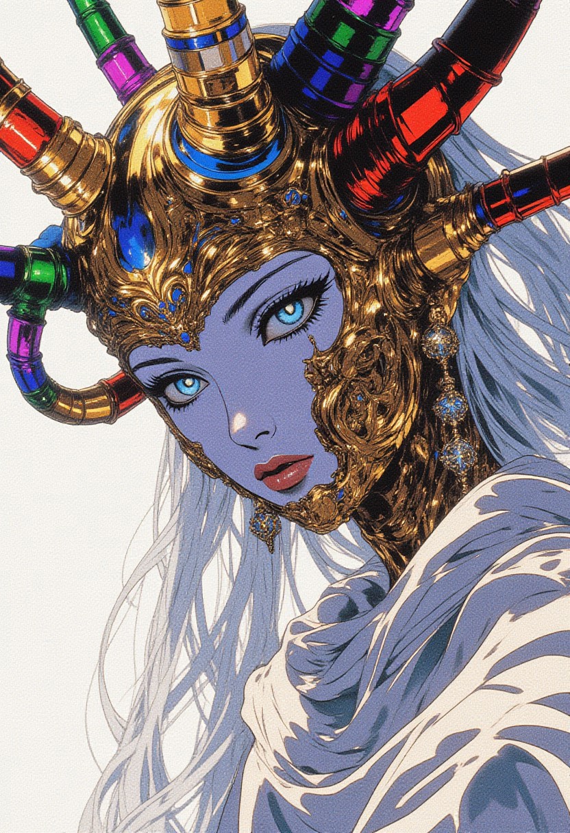 Eye-catching, drab, hyper-realistic, high-quality, detailed image, beautiful woman, jester mask made of vibrant multicolored glowing neon dots (deep red, electric blue, bright yellow, vivid green, rich purple, radiant orange) that shimmer and pulse with light, complete face, flawless porcelain skin with a soft luminescent glow, striking white hair flowing elegantly, mesmerizing light blue eyes with intricate swirling patterns that reflect a kaleidoscope of colors, golden patterned borders framing the mask, meticulously stitched mouth using delicate golden twine that glistens softly, wearing a flowing white robe that cascades around her, Canon EOS R5, close-up shot, surreal style, inspired by Salvador Dali and Annie Leibovitz, soft diffused lighting enhancing her ethereal beauty, bright white theme with high contrast, moderate saturation, cool hue that complements her features, subtle shadows adding depth to her face, defined highlights accentuating the contours of her skin, sparkling golden elements throughout, featuring a locket earring that gleams with a touch of mystery, cyberpunk anime ne0nfant4sy.