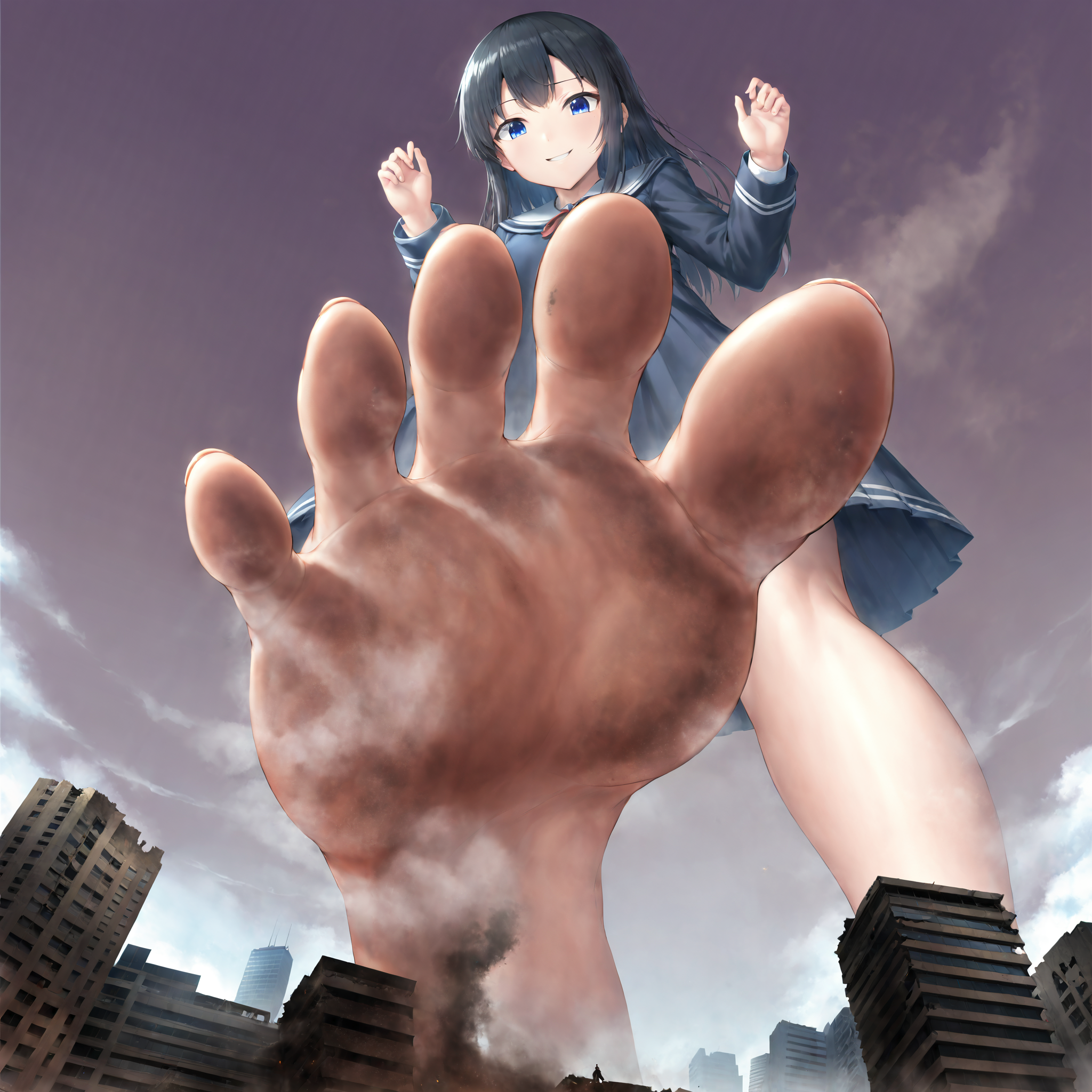 masterpiece, best quality, extreme detailed, absurdres,
a pov low angle view of a girl stepping on the viewer with her barefoot, city under girl's foot, from below, soles, toes, looking down at viewer, low angle view, sky, cloud, giantess, jvdaniang, dirty feet soles, steam around feet, steam from feet, steaming feet, black hair, evil smile, school uniform, skyscraper, city,  dirty, ruins on feet soles, destruction, feet up, stepped on, stomping, one foot out of frame, foot focus, airplane under feet, standing on one leg, perspective, foreshortening, <lora:jvdaniangXL-beta-fix:0.7>, anime, solo, <lora:add-detail-xl:1>