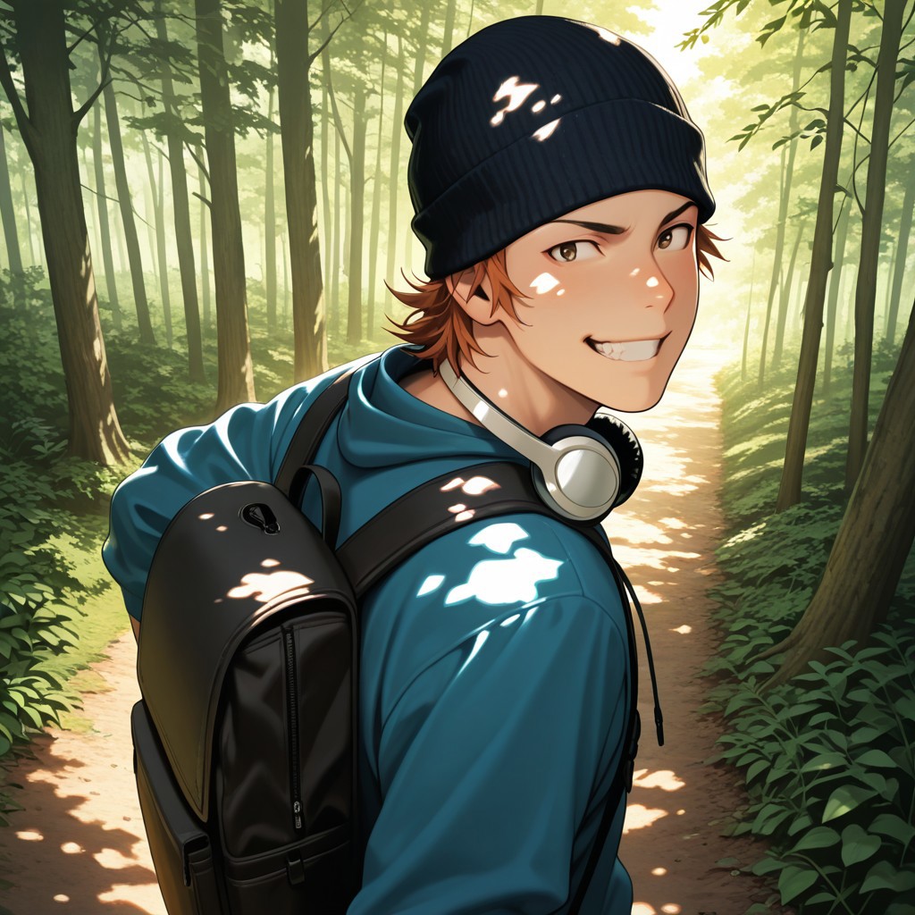 masterpiece, best quality, amazing quality, absurdres, newest, detailed background, definition so sharp, Ultra-HD, 8K cinematic, very awa, impressionate, amazing quality, highres, 
solo, male focus, manly, 
1boy, short hair, beanie, headphone around neck, misaki_orange hair, misaki_brown eyes, misakiyata, backpack, forest path, sunlight through trees, dappled light, sense of wonder, exploration, carefree, playful, running, looking back, mischievous grin,