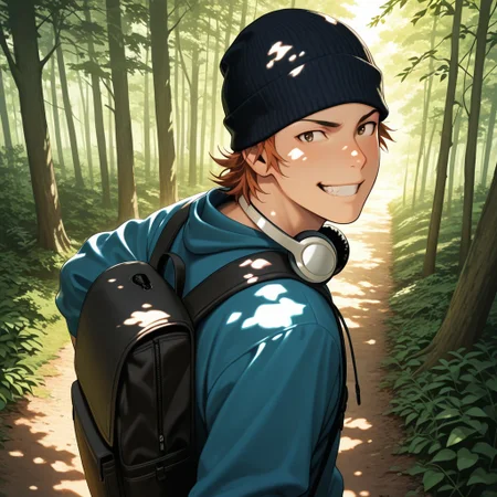 masterpiece, best quality, amazing quality, absurdres, newest, detailed background, definition so sharp, Ultra-HD, 8K cinematic, very awa, impressionate, amazing quality, highres,
solo, male focus, manly,
1boy, short hair, beanie, headphone around neck, misaki_orange hair, misaki_brown eyes, misakiyata, backpack, forest path, sunlight through trees, dappled light, sense of wonder, exploration, carefree, playful, running, looking back, mischievous grin,
