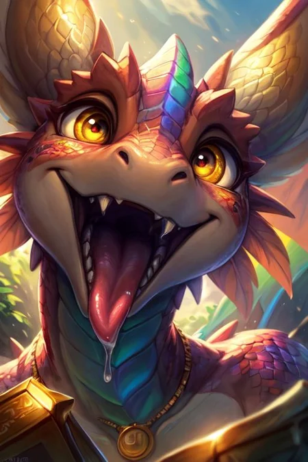 tilt-shift, ((extreme close up, glistening wet gaping maw, award winning photography, nature photography)), glistening wet tongue, saliva, shiny sharp teeth, throat, shiny, half closed eyes, looking at viewer, blushing, low angle, nude, drooling, looking up, hungry, extatic, (closed eyes:0.9),
dragon, rainbow feathers, scalie, ((female)), ((detailed rainbow scales)), ((intricate iridescent scales)), detailed iridescent face, detailed eyes, (big eyes:0.5), claws, fangs, (kobold:1.2), small horns, 
cute, young, elegant, beautiful, bright eyes, expressive eyes, eyelashes, feminine,  cute-fine-face, ultra cute face,
round head, ultra cute face, reflective eyes,
golden necklace, golden tiara, rainbow feather headdress, 
<lora:dragon:0.3>, 
<lora:Tangbohu Detail Tweaker:-0.1>,
<lora:nanachi:0.3>,
<lora:sailor_moon:0.5>,
by ulitochka, by darkgem, by thesecretcave, by silverfox5213, by hioshiru, by carrot,
sunlight, tropical, jungle,
(ambient light on the body), 
Ray tracing, concept art, highly detailed, (hi res), ((masterpiece)), ((best quality))  cinematic composition, ultra realistic, 4k, (high detail:1.3), sharp focus