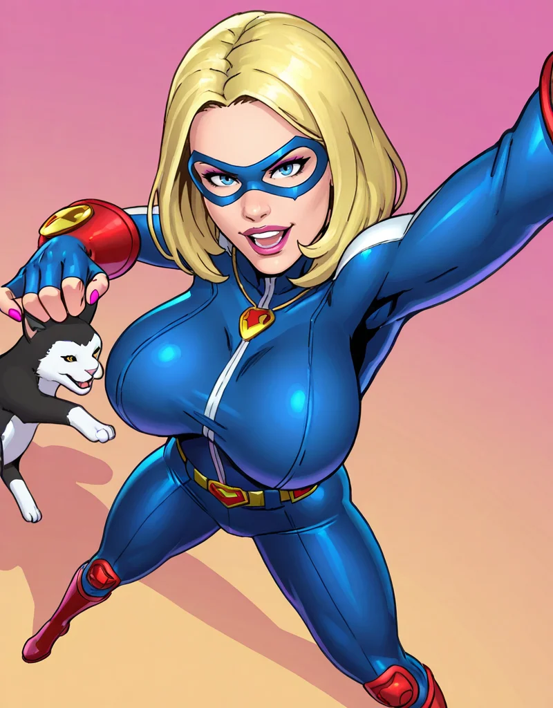 fighting game style ,masterpiece, best quality,
<lora:SusanSteelQuiron_style_v3:1>
SusanSteelQuiron, Playing with pets, ,
1girl, superhero, superheroine with sexy body woman, thick thighs, makeup, big breasts, jewelry, necklace, nail polish, lips, knee pads,
Stargirl (Courtney Whitmore) - DC Comics
from above, paw pose,
natural midnight steel factory, . dynamic, vibrant, action-packed, detailed character design, reminiscent of fighting video games