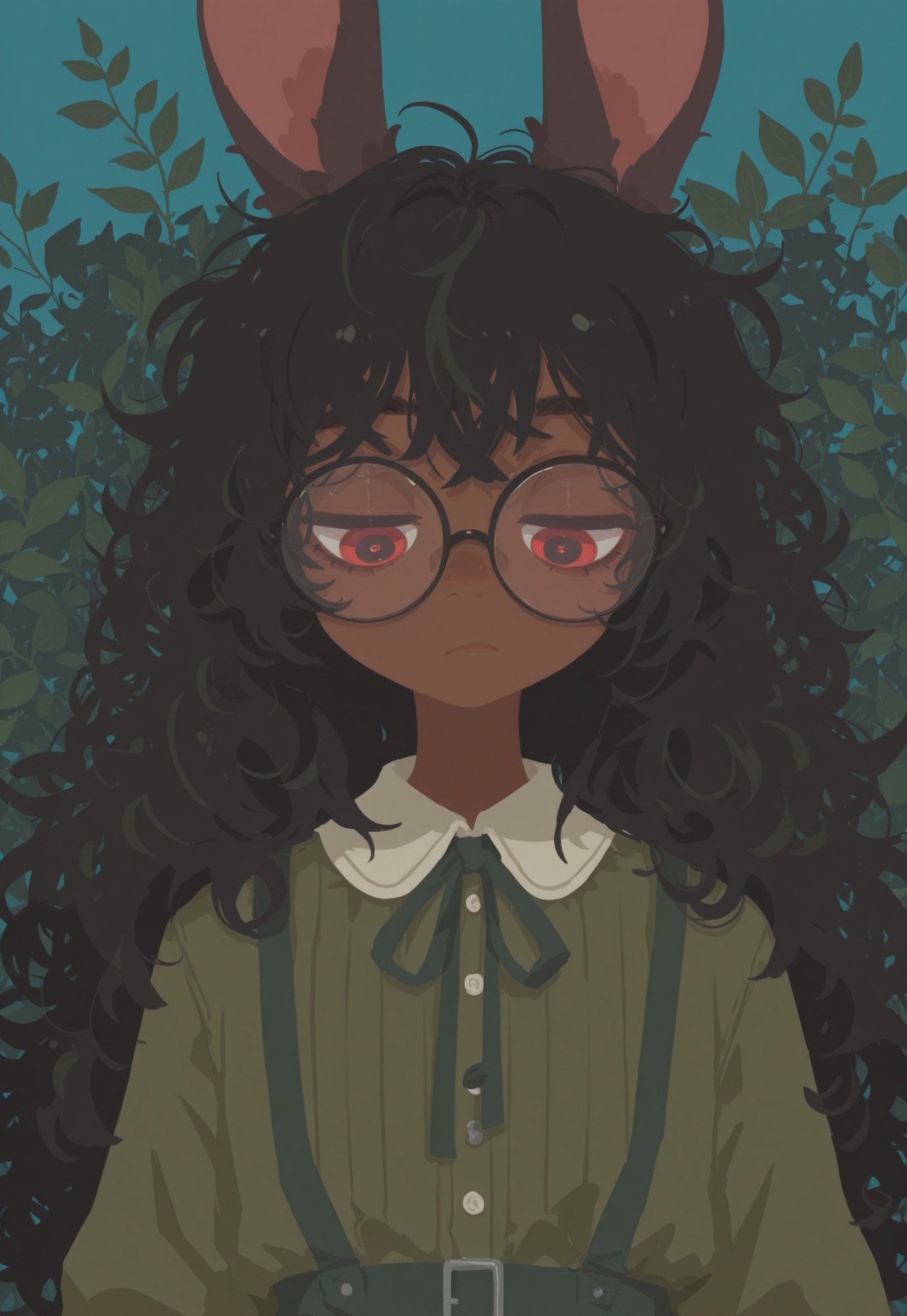 artist:moriimee, G0thicL1nes, portrait, dark light, (brown skin), 1 girl, rabbit girl, solo, black hair, glossy hair, bored, glasses, messy hair, flat style, flat chest, portrait, red eyes, looking down, large eyes, green dress, blue background, many leaves in background, (flat color), (no lineart), schoolgirl outfit, surrounded by leaves, leaves in foreground,   