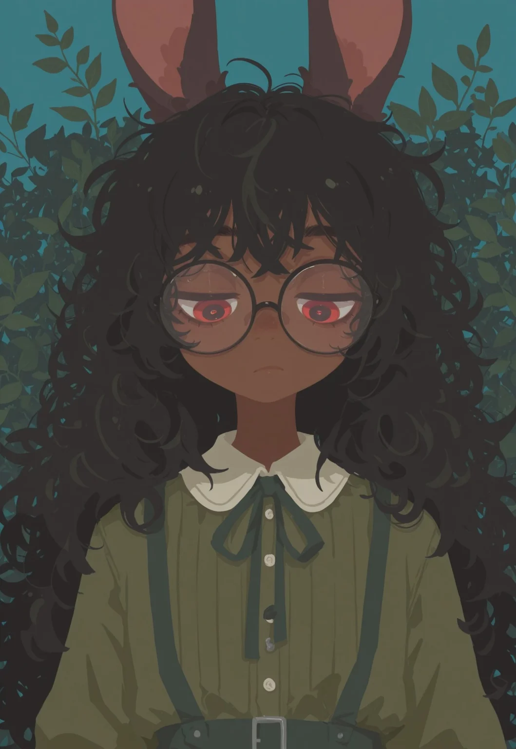 artist:moriimee, G0thicL1nes, portrait, dark light, (brown skin), 1 girl, rabbit girl, solo, black hair, glossy hair, bored, glasses, messy hair, flat style, flat chest, portrait, red eyes, looking down, large eyes, green dress, blue background, many leaves in background, (flat color), (no lineart), schoolgirl outfit, surrounded by leaves, leaves in foreground,