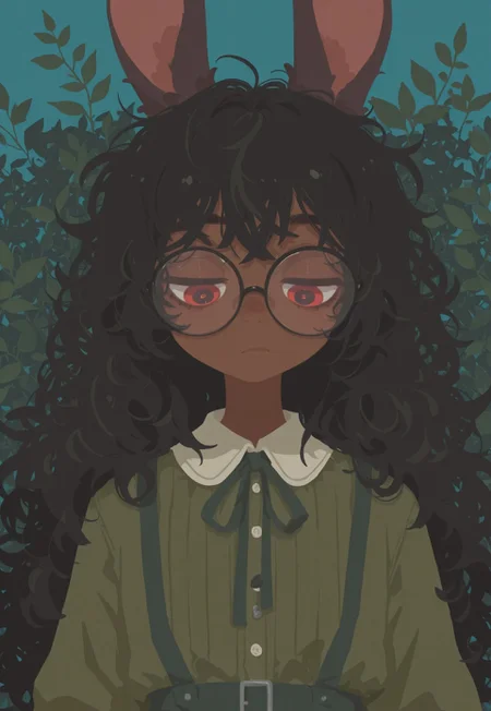 artist:moriimee, G0thicL1nes, portrait, dark light, (brown skin), 1 girl, rabbit girl, solo, black hair, glossy hair, bored, glasses, messy hair, flat style, flat chest, portrait, red eyes, looking down, large eyes, green dress, blue background, many leaves in background, (flat color), (no lineart), schoolgirl outfit, surrounded by leaves, leaves in foreground,