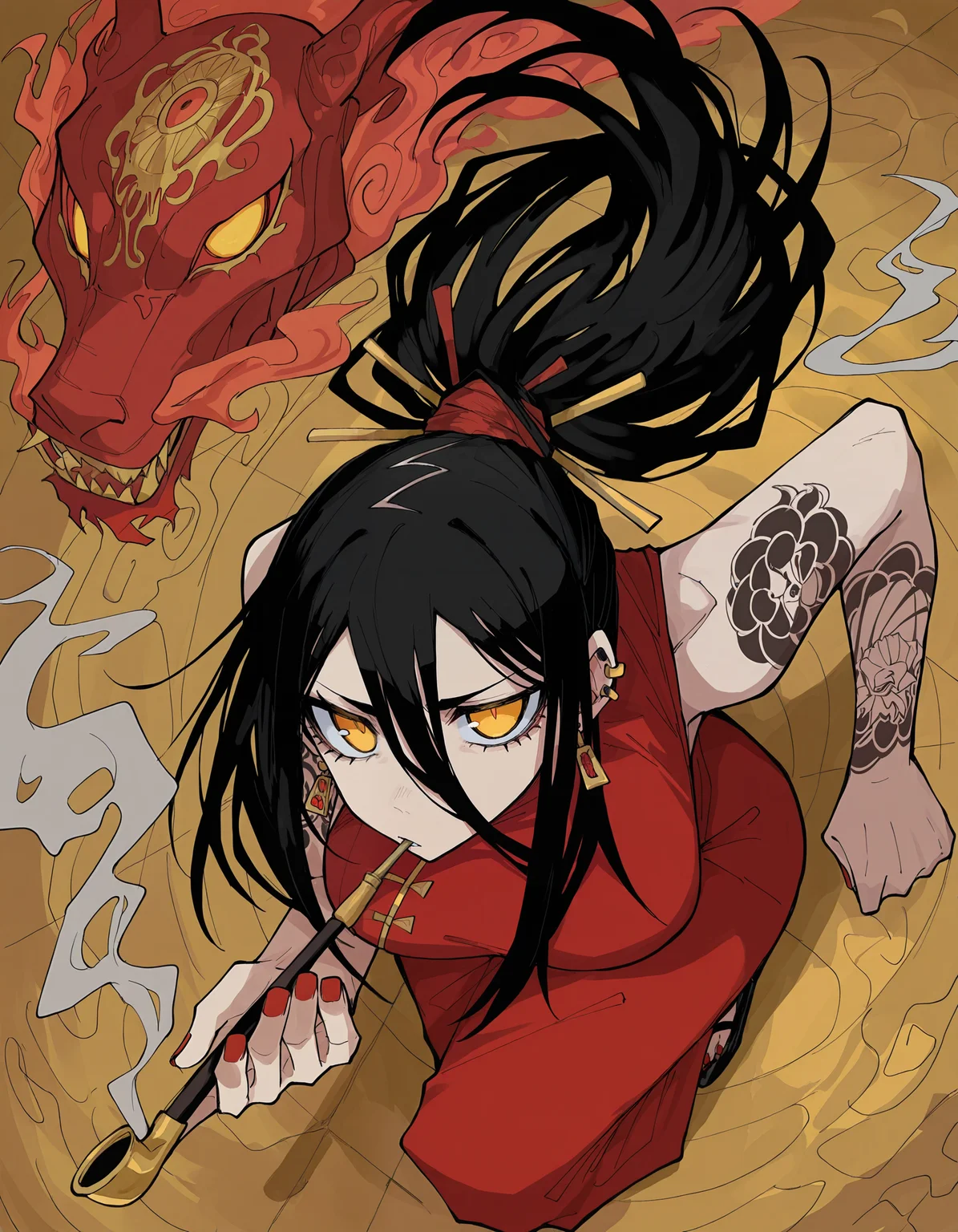 masterpiece,  best quality, newest, highres, absurdres, <lora:wamiarts_style-000018:1>,wamiarts_illu,dynamic pose,  1girl, smoking pipe, long hair, yellow eyes, black hair, holding, smoke, smoking, looking at viewer, tattoo,red_smoke,gold jewelry,gold,detailed_background, earrings, kiseru, breasts, hair between eyes, ear piercing, ponytail, holding smoking pipe, dress, arm tattoo,dynamic composition, from above, colorful