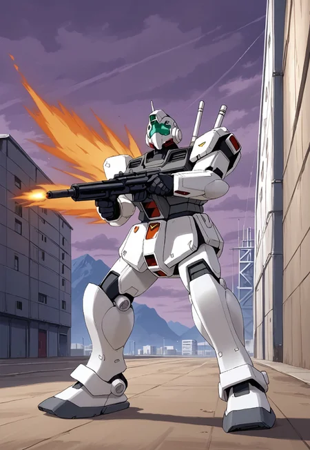 score_9, score_8_up, score_7_up, source_anime, cowboy shot, front view, BREAK, ( gm_cold_districts_type, looking up and to the side, rifle, beam saber on back, aiming up and to the side, standing, firing rifle, muzzle flare, ) 1mech, mech focus, solo, BREAK, antarctic base, purple cloudy sky, buildings, pylons,